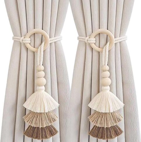 2pcs حبة الخشب حبة الستار tiebacks ، قفل الستار البوهيمي ، مشبك ستار شرابة ، لربط الستار لا ثقب اللكم الزخرفية لعلاج نافذة غرفة النوم (القهوة) in Kuwait