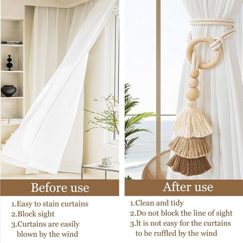 2pcs حبة الخشب حبة الستار tiebacks ، قفل الستار البوهيمي ، مشبك ستار شرابة ، لربط الستار لا ثقب اللكم الزخرفية لعلاج نافذة غرفة النوم (القهوة) in Kuwait