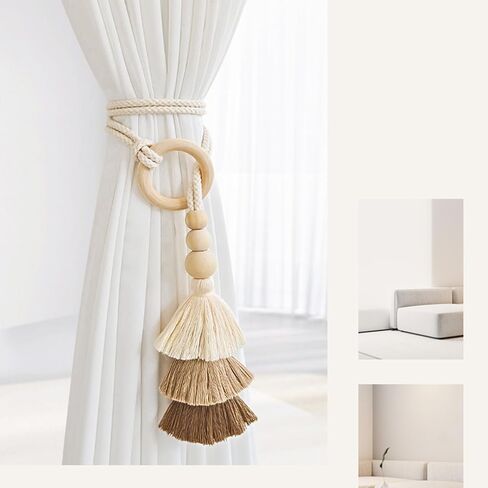 2pcs حبة الخشب حبة الستار tiebacks ، قفل الستار البوهيمي ، مشبك ستار شرابة ، لربط الستار لا ثقب اللكم الزخرفية لعلاج نافذة غرفة النوم (القهوة) in Kuwait