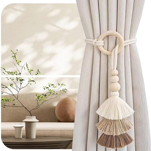 2pcs حبة الخشب حبة الستار tiebacks ، قفل الستار البوهيمي ، مشبك ستار شرابة ، لربط الستار لا ثقب اللكم الزخرفية لعلاج نافذة غرفة النوم (القهوة) in Kuwait