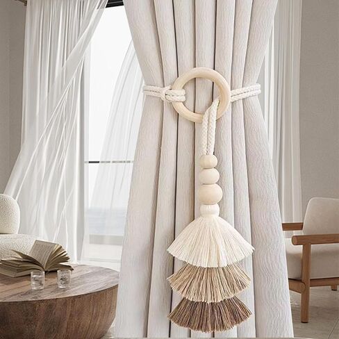 2pcs حبة الخشب حبة الستار tiebacks ، قفل الستار البوهيمي ، مشبك ستار شرابة ، لربط الستار لا ثقب اللكم الزخرفية لعلاج نافذة غرفة النوم (القهوة) in Kuwait