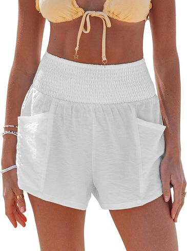 CUPSHE Women Coverup Shorts Smocked Waist High Rise Swimsuit Coverup Shorts with Side Pockets in Kuwait