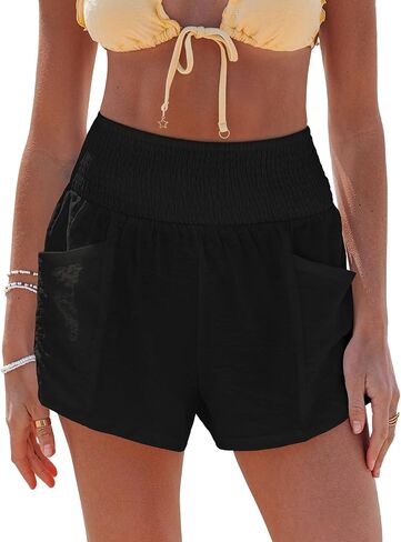 CUPSHE Women Coverup Shorts Smocked Waist High Rise Swimsuit Coverup Shorts with Side Pockets in Saudi Arabia