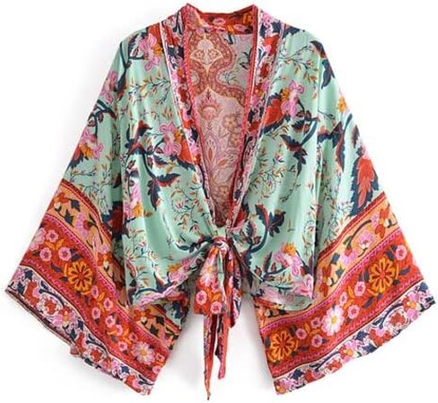 YYDS Boho Vintage Floral Print Sashes Short Kimono Women Ladies Blouses Casual V Neck Batwing Sleeves Bohemian Cover-Up in Kuwait