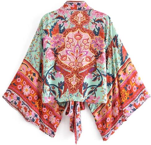 YYDS Boho Vintage Floral Print Sashes Short Kimono Women Ladies Blouses Casual V Neck Batwing Sleeves Bohemian Cover-Up in Kuwait