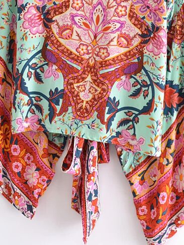 YYDS Boho Vintage Floral Print Sashes Short Kimono Women Ladies Blouses Casual V Neck Batwing Sleeves Bohemian Cover-Up in Kuwait