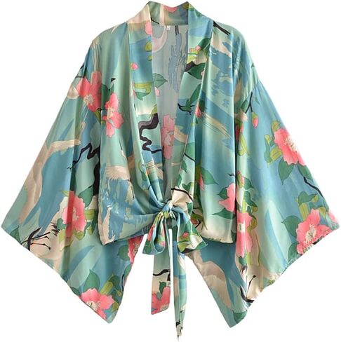 YYDS Boho Vintage Floral Print Sashes Short Kimono Women Ladies Blouses Casual V Neck Batwing Sleeves Bohemian Cover-Up in Kuwait