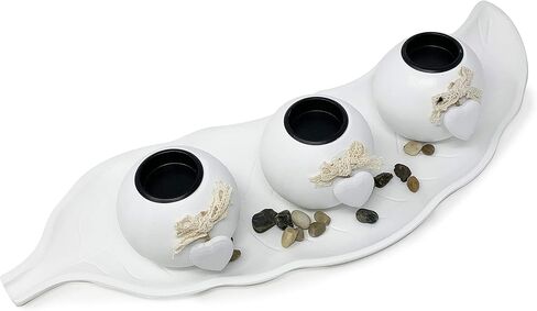 allgala Wooden Candle Holder Tray 3 Ball Orbs Set Tealight Candle Holder Centerpiece with Pebbles on Leaf Tray for Coffee Table Dining Table Accents Bowl for Living Room Décor-White-HD90402 in Saudi Arabia