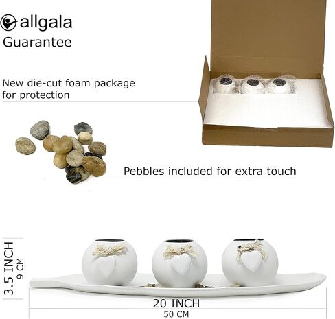 allgala Wooden Candle Holder Tray 3 Ball Orbs Set Tealight Candle Holder Centerpiece with Pebbles on Leaf Tray for Coffee Table Dining Table Accents Bowl for Living Room Décor-White-HD90402 in Saudi Arabia