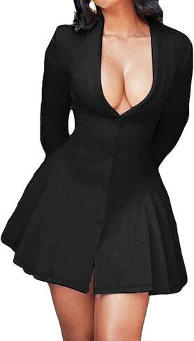 CORIRESHA Women's Elegant Deep V-Neck Long Sleeve Button Pleated Mini Blazer Dress in Saudi Arabia