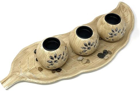 allgala Wooden Candle Holder Tray 3 Ball Orbs Set Tealight Candle Holder Centerpiece with Pebbles on Leaf Tray for Coffee Table Dining Table Accents Bowl for Living Room Décor-White-HD90402 in Saudi Arabia