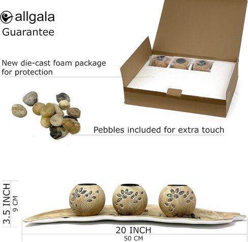allgala Wooden Candle Holder Tray 3 Ball Orbs Set Tealight Candle Holder Centerpiece with Pebbles on Leaf Tray for Coffee Table Dining Table Accents Bowl for Living Room Décor-White-HD90402 in Saudi Arabia