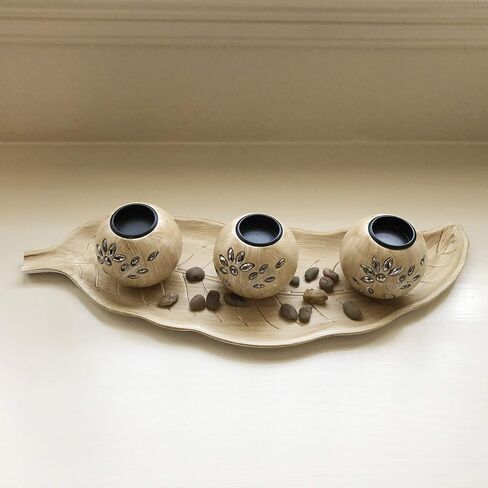 allgala Wooden Candle Holder Tray 3 Ball Orbs Set Tealight Candle Holder Centerpiece with Pebbles on Leaf Tray for Coffee Table Dining Table Accents Bowl for Living Room Décor-White-HD90402 in Saudi Arabia