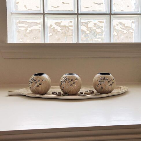 allgala Wooden Candle Holder Tray 3 Ball Orbs Set Tealight Candle Holder Centerpiece with Pebbles on Leaf Tray for Coffee Table Dining Table Accents Bowl for Living Room Décor-White-HD90402 in Saudi Arabia