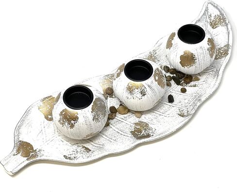allgala Wooden Candle Holder Tray 3 Ball Orbs Set Tealight Candle Holder Centerpiece with Pebbles on Leaf Tray for Coffee Table Dining Table Accents Bowl for Living Room Décor-White-HD90402 in Saudi Arabia