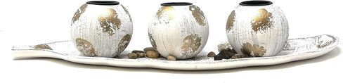 allgala Wooden Candle Holder Tray 3 Ball Orbs Set Tealight Candle Holder Centerpiece with Pebbles on Leaf Tray for Coffee Table Dining Table Accents Bowl for Living Room Décor-White-HD90402 in Saudi Arabia