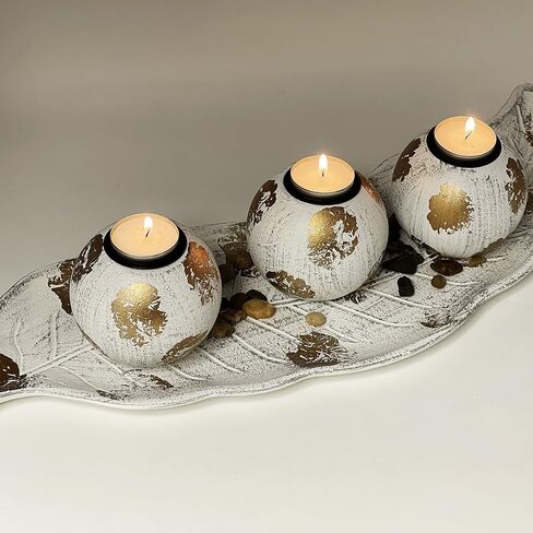 allgala Wooden Candle Holder Tray 3 Ball Orbs Set Tealight Candle Holder Centerpiece with Pebbles on Leaf Tray for Coffee Table Dining Table Accents Bowl for Living Room Décor-White-HD90402 in Saudi Arabia