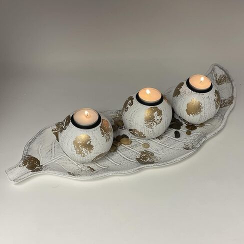 allgala Wooden Candle Holder Tray 3 Ball Orbs Set Tealight Candle Holder Centerpiece with Pebbles on Leaf Tray for Coffee Table Dining Table Accents Bowl for Living Room Décor-White-HD90402 in Saudi Arabia