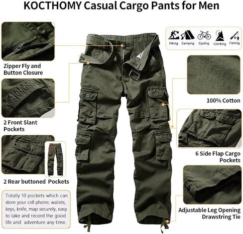 Kocthomy سراويل شحن غير رسمية للرجال سراويل عمل قطنية فضفاضة تكتيكية مع جيوب متعددة لا حزام in Kuwait