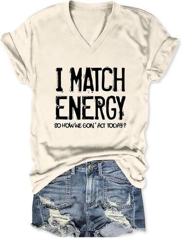 Womens Tops I Match Energy Shirt Funny Graphic Tees Inspirational T Shirt V Neck Short Sleeve Blouse in Kuwait
