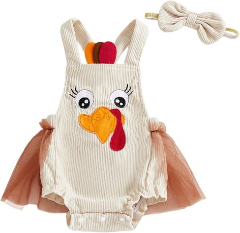 Karuedoo Thanksgiving Baby Girl Clothes Turkey Applique Sleeveless Tulle Tutu Romper Dress Backless Bodysuit with Headband in Saudi Arabia
