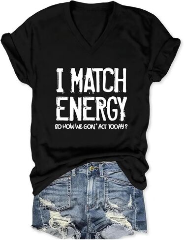 Womens Tops I Match Energy Shirt Funny Graphic Tees Inspirational T Shirt V Neck Short Sleeve Blouse in Kuwait