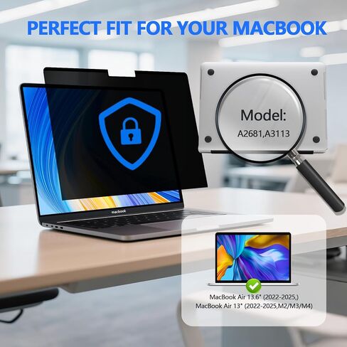 Magnetic Privacy Screen Protector for MacBook Air 13.6" & 2022-2025 (M2/M3/M4) | Removable Anti-Spy Filter & Anti-Glare Shield | Blue Light Blocking [Compatible with A2681/A3133/A3240] in Kuwait