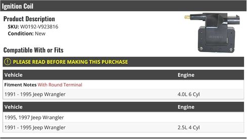 Ignition Coil - Compatible with 1991-1995, 1997 Jeep Wrangler in Saudi Arabia