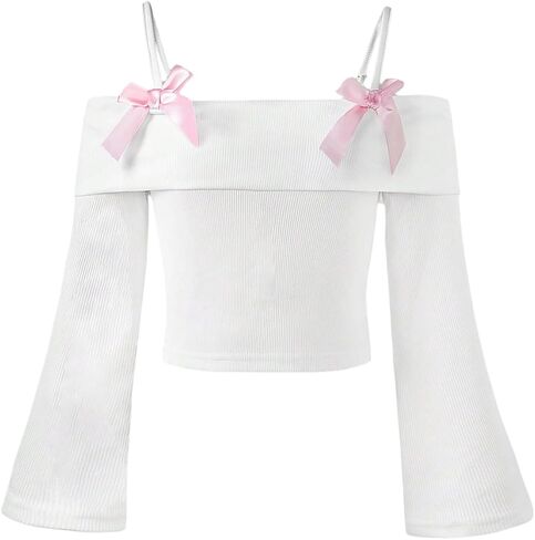 Verdusa Girl's Bowknot Off The Shoulder Cami Tops Ribbed Foldover Flare Sleeve T Shirt in Saudi Arabia