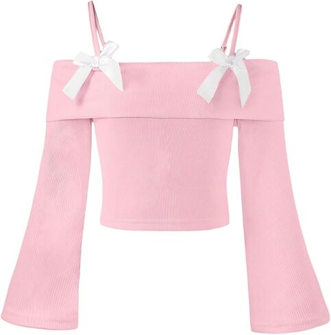 Verdusa Girl's Bowknot Off The Shoulder Cami Tops Ribbed Foldover Flare Sleeve T Shirt in Saudi Arabia