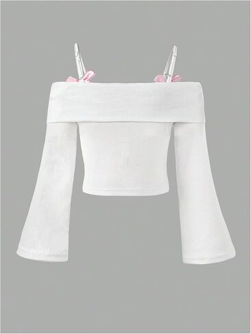 Verdusa Girl's Bowknot Off The Shoulder Cami Tops Ribbed Foldover Flare Sleeve T Shirt in Saudi Arabia