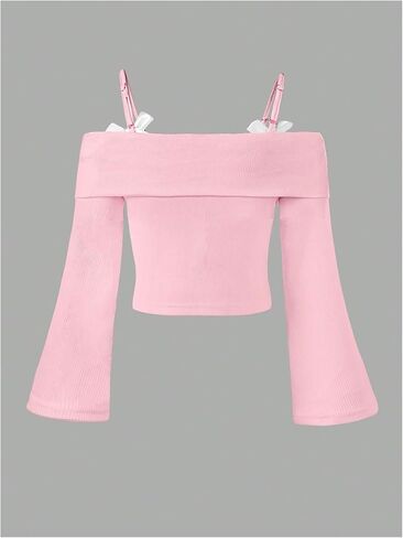 Verdusa Girl's Bowknot Off The Shoulder Cami Tops Ribbed Foldover Flare Sleeve T Shirt in Saudi Arabia