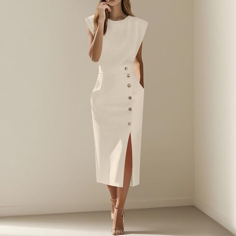 Women Cap Sleeve Midi Dress Side Split Round Neck Business عرض عارض in Saudi Arabia