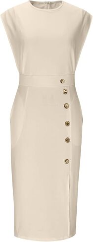 Women Cap Sleeve Midi Dress Side Split Round Neck Business عرض عارض in Saudi Arabia