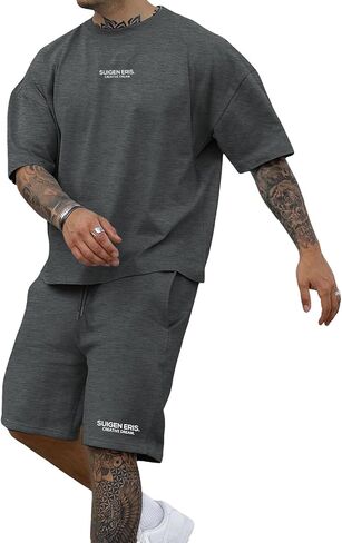 Ryehack Men's 2 Piece Outfits Short Sleeve Crew Neck Summer T Shirt and Drawstring Casual Track Shorts Sportswear Sets in Kuwait