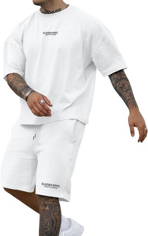 Ryehack Men's 2 Piece Outfits Short Sleeve Crew Neck Summer T Shirt and Drawstring Casual Track Shorts Sportswear Sets in Kuwait