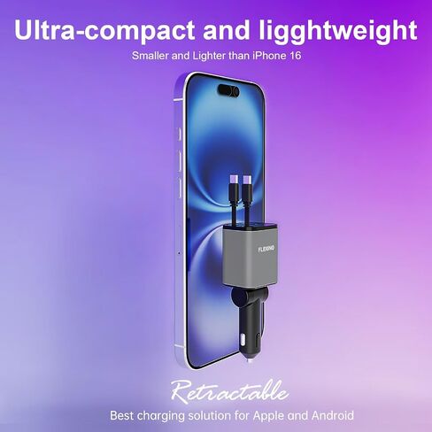 Flexino Retractable Car Charger 4 in 1, Car Charger for iPhone 16, USB C Car Charger, 69W Fast Charging Car Charger, Compact Car Phone Charger, Fit for iPhone 16/15/14/13/12, Samsung, Red in Saudi Arabia