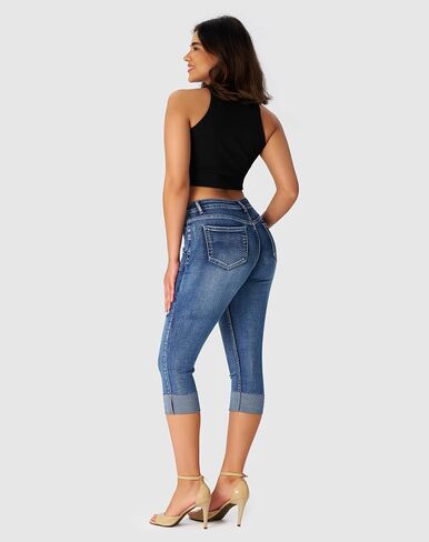 roswear Women's Ripped Stretchy Capri Jeans Mid Rise Cuffed Petite Denim Pants in Saudi Arabia