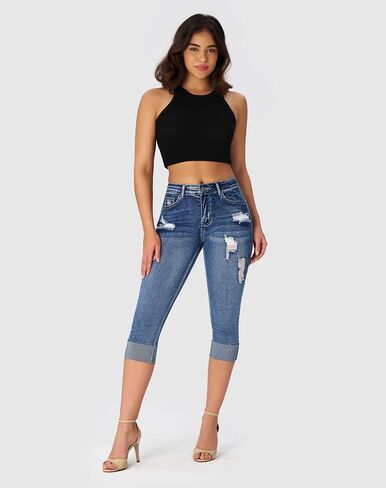 roswear Women's Ripped Stretchy Capri Jeans Mid Rise Cuffed Petite Denim Pants in Saudi Arabia