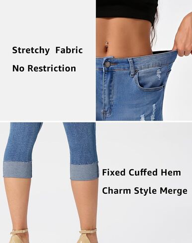roswear Women's Ripped Stretchy Capri Jeans Mid Rise Cuffed Petite Denim Pants in Saudi Arabia