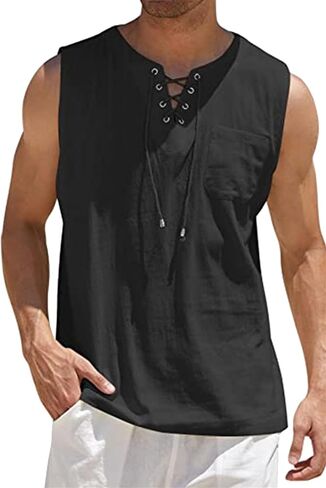 DIACACY Mens Cotton Linen Tank Tops Beach Sleeveless Plus Size Solid Color Shirt Lace Up V Neck Vest in Saudi Arabia