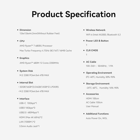 Beelink EQR6 Mini Desktop PC with AMD Ryzen 9 6900HX 8C/16T, 24GB DDR5 1TB NVMe M.2 SSD, Dual Display Output, Built in PSU, WiFi 6, 1000M RJ45, Bluetooth 5.2 W-11 Mini Computer in Kuwait