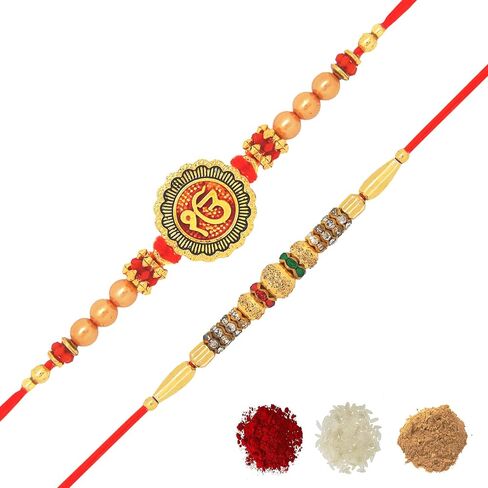 Fresh Vibes Ik Onkar Golden Metal Sikh Symbol Rakhi for Brother - Combo Set of 2 Rakhis for Raksha Bandhan (Tilak Included), One Size, Metal in Saudi Arabia