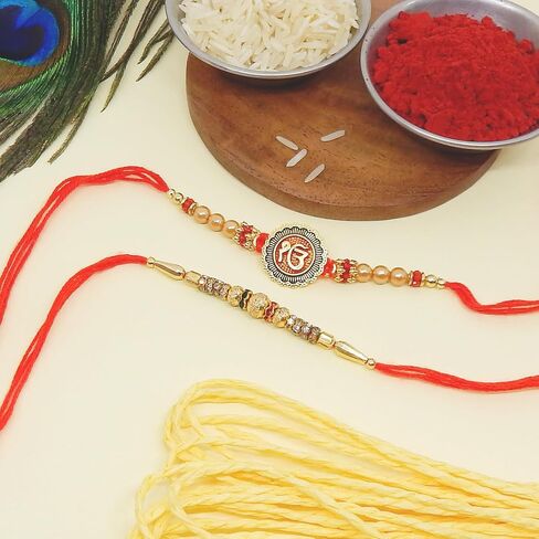 Fresh Vibes Ik Onkar Golden Metal Sikh Symbol Rakhi for Brother - Combo Set of 2 Rakhis for Raksha Bandhan (Tilak Included), One Size, Metal in Saudi Arabia