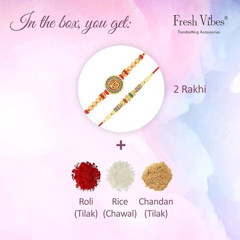 Fresh Vibes Ik Onkar Golden Metal Sikh Symbol Rakhi for Brother - Combo Set of 2 Rakhis for Raksha Bandhan (Tilak Included), One Size, Metal in Saudi Arabia