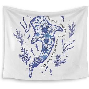 HUGANE Blue Whale Shark Ocean Christian Tapestry, Coastal Beach Sea Floral Coral Plant Wall Tapestries, Isaiah 43:2 Bible Verse Religious Hanging Wall Decor for Bedroom Beach House Cabin in Kuwait