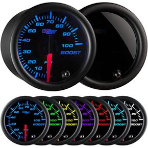 GlowShift Tinted 7 Color 100 PSI Turbo Boost Gauge Kit - Includes Mechanical Hose & Fittings - Black Dial - Smoked Lens - for Diesel Trucks - 2-1/16" 52mm in Saudi Arabia