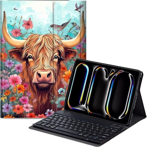 Keyboard Case for iPad (A16) 11th/10th Generation (11/10.9 Inch, 2025/2022), Detachable Bluetooth Keyboard, Thin & Light Folio Cover, Cow and Flower in Saudi Arabia