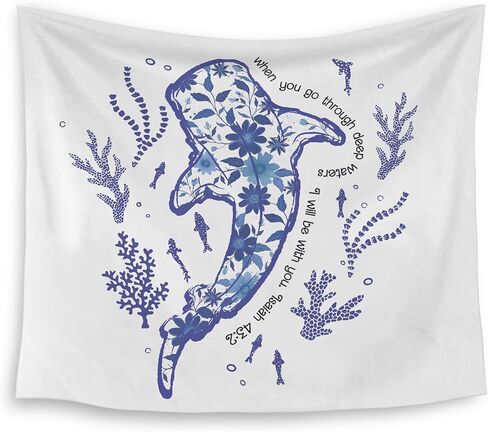 HUGANE Blue Whale Shark Ocean Christian Tapestry, Coastal Beach Sea Floral Coral Plant Wall Tapestries, Isaiah 43:2 Bible Verse Religious Hanging Wall Decor for Bedroom Beach House Cabin in Kuwait