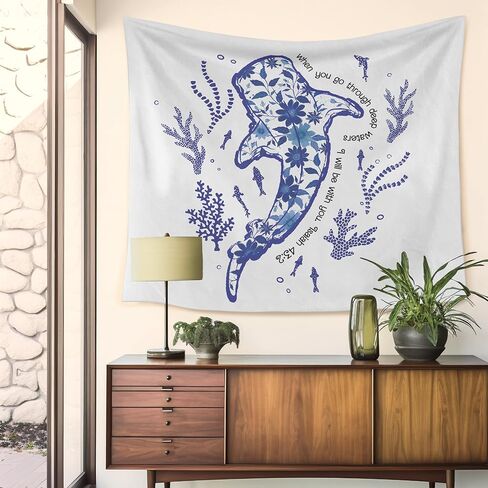 HUGANE Blue Whale Shark Ocean Christian Tapestry, Coastal Beach Sea Floral Coral Plant Wall Tapestries, Isaiah 43:2 Bible Verse Religious Hanging Wall Decor for Bedroom Beach House Cabin in Kuwait